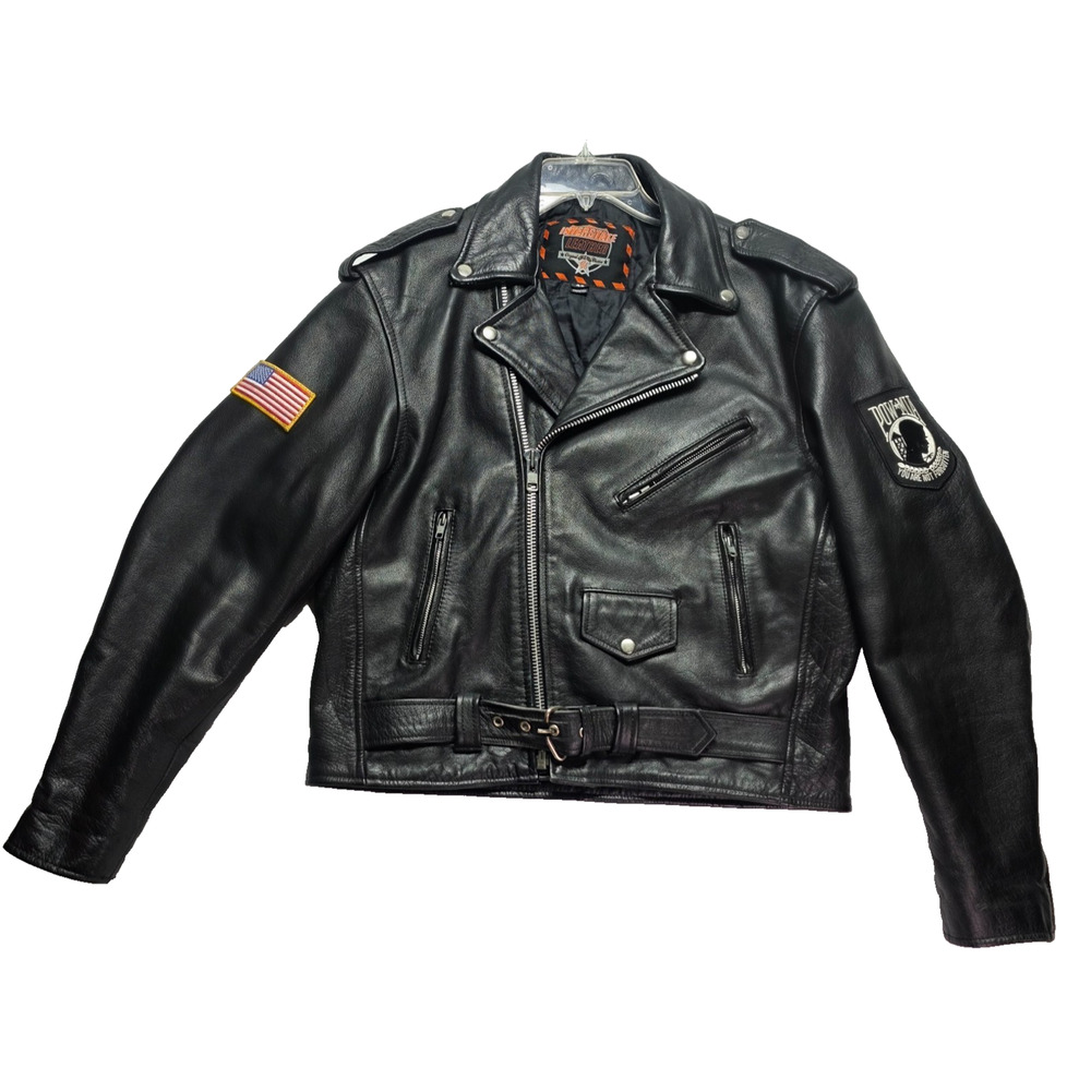 Interstate Leather Motorcycle Jacket Black Quilt-Lined Biker Patches Men Size 42